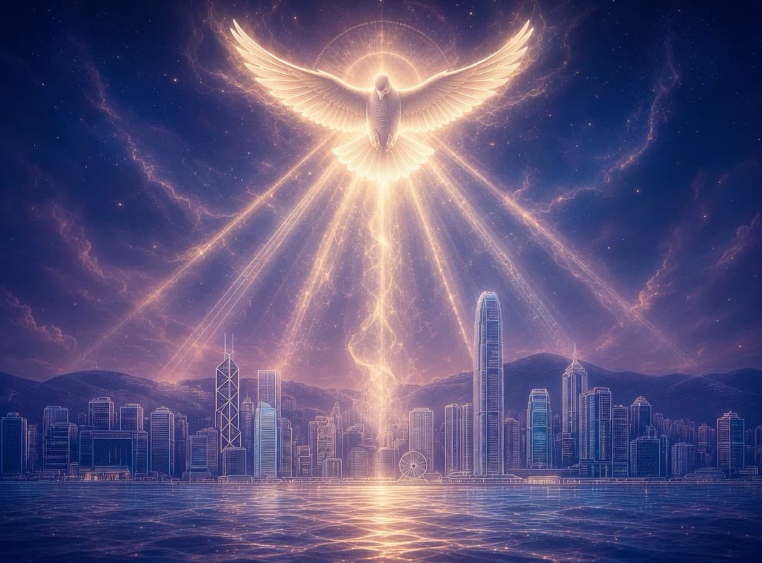 Artistic illustration of a radiant dove above Hong Kong harbour