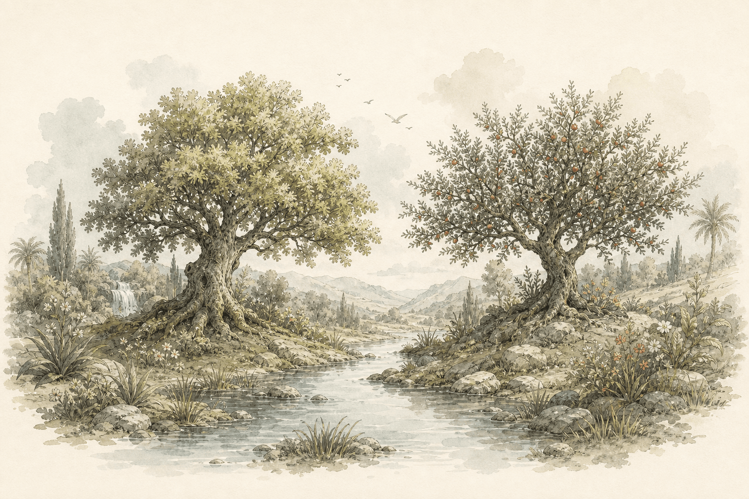 Watercolor garden with the Tree of Life and the tree of the knowledge of good and evil