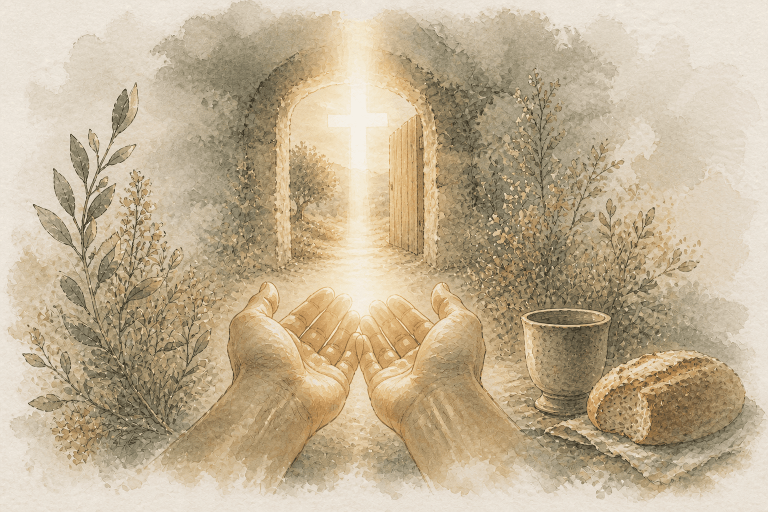 Watercolor open hands receiving light, representing the Father’s welcome