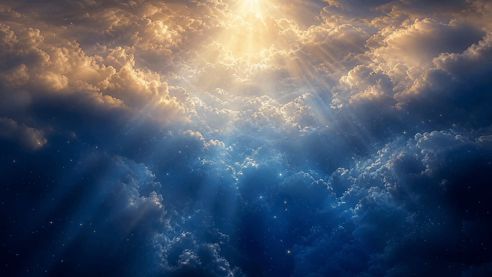 Golden light pouring through deep blue clouds and a field of stars