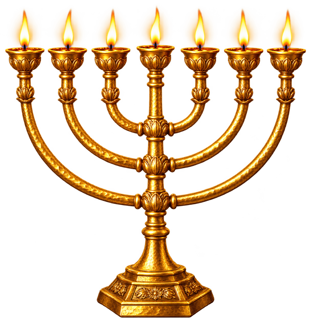 Ornate gold seven-branched menorah with seven burning lamps