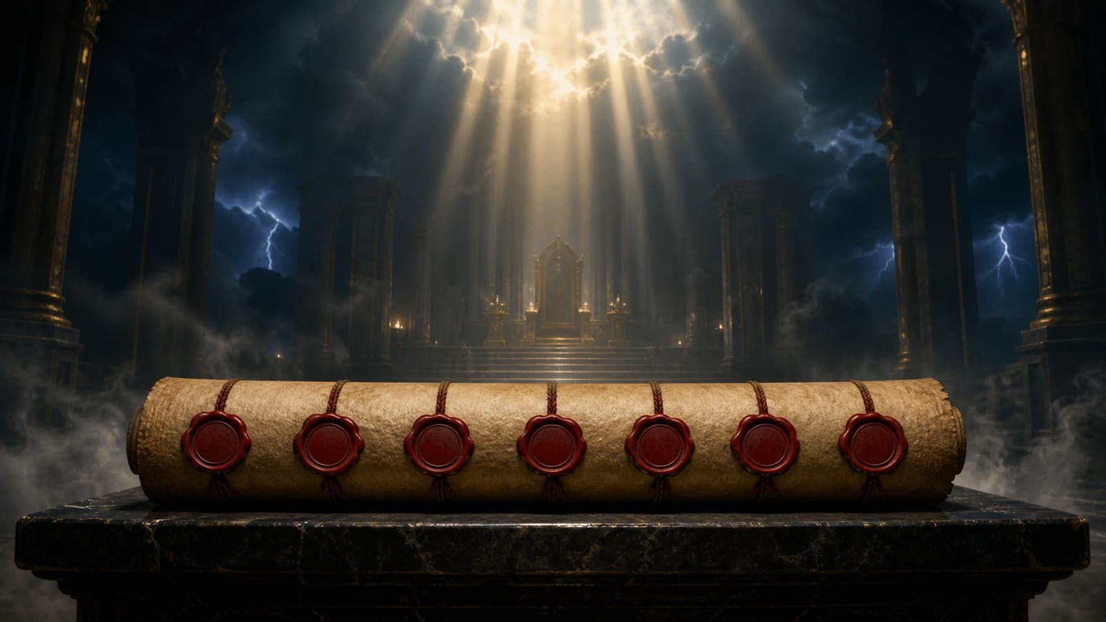 Cinematic parchment book bound with seven red seals beneath heavenly light
