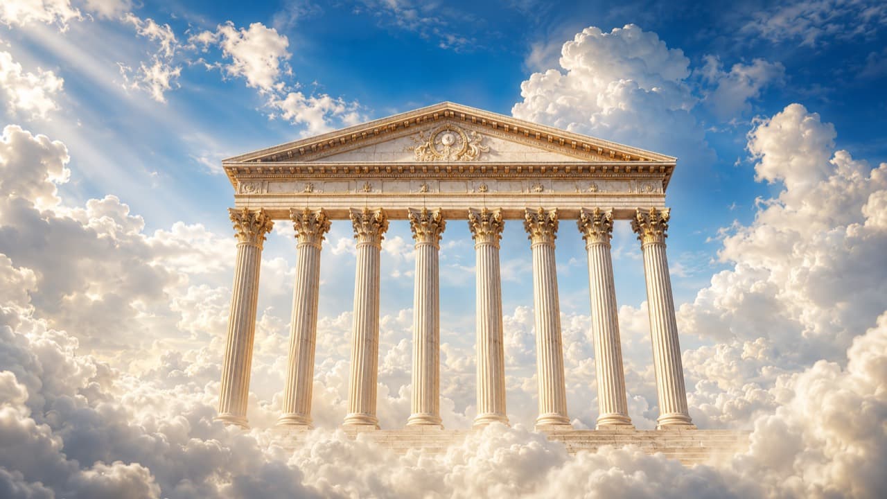 A luminous heavenly colonnade rising above sunlit clouds