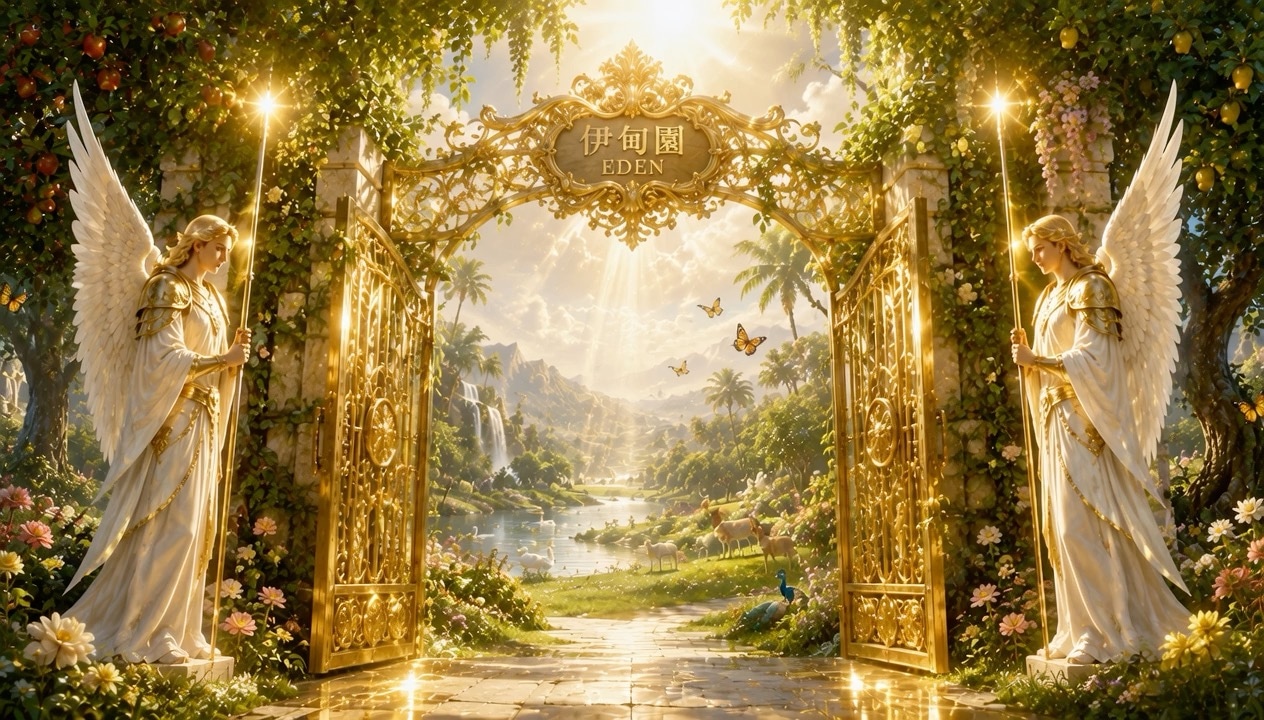Artistic interpretation of an ornate gateway opening into the garden of Eden