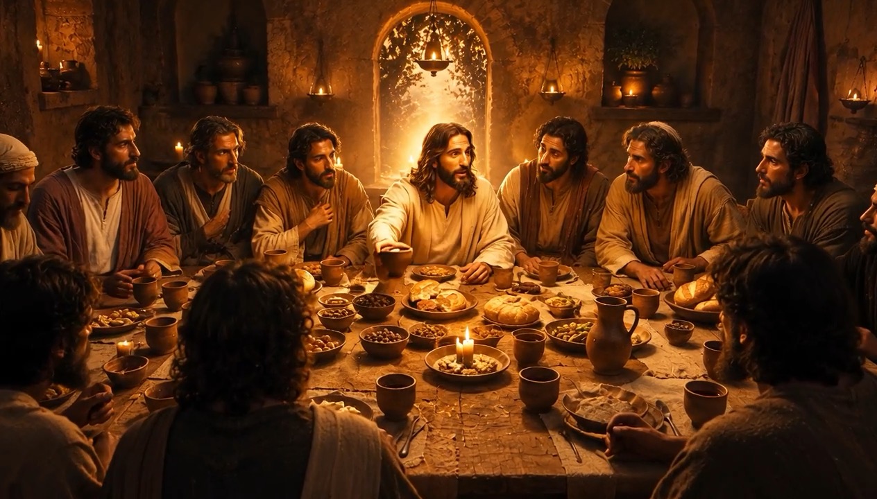 Artistic interpretation of Jesus sharing the Last Supper with His disciples