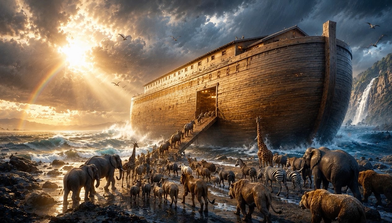 Artistic interpretation of animals entering Noah's ark beside stormy water