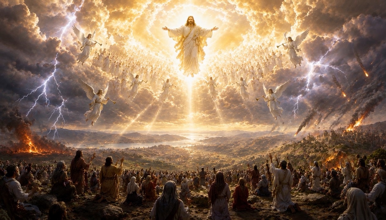 Artistic interpretation of the return of Jesus in light above a gathered multitude
