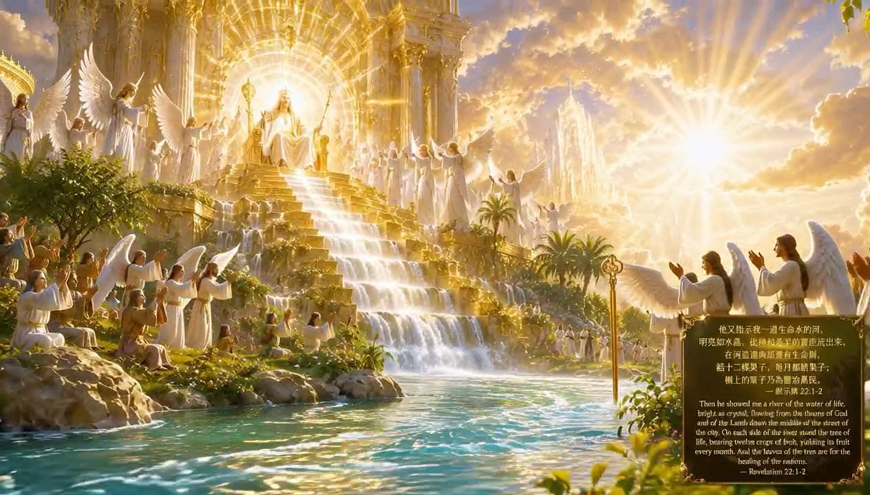 Artistic interpretation of the river of life flowing through a renewed garden city