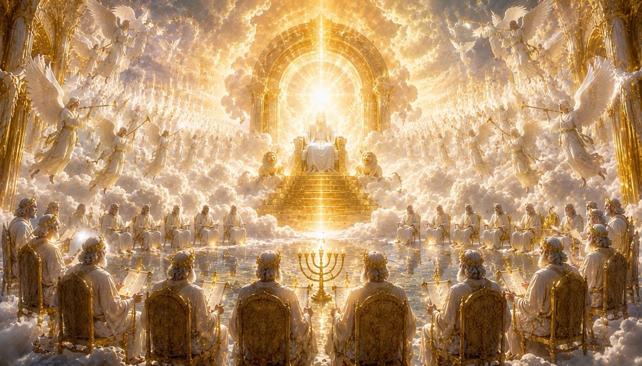 Artistic interpretation of the heavenly throne room filled with worshippers