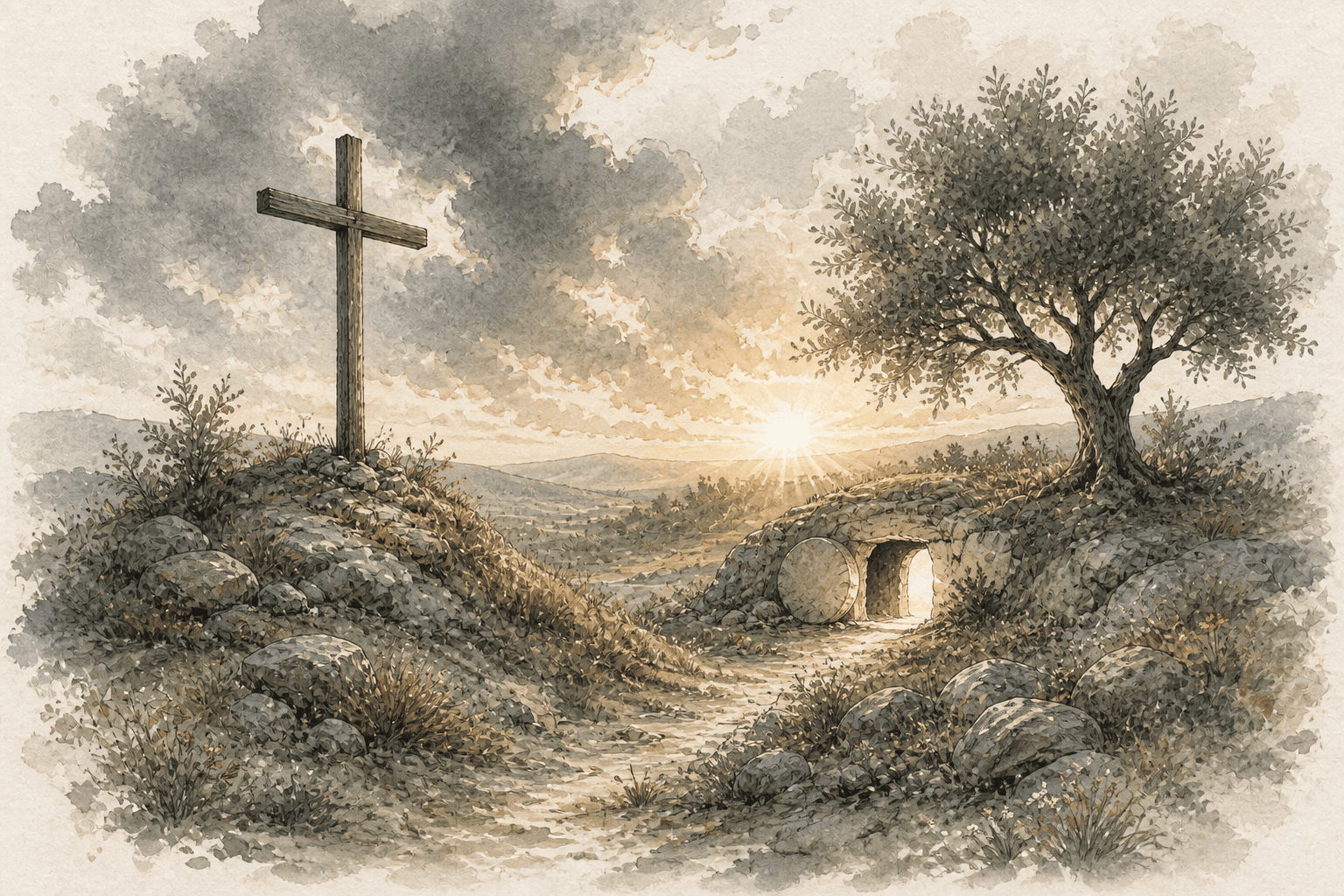 Watercolor cross and resurrection light representing Christ at the centre